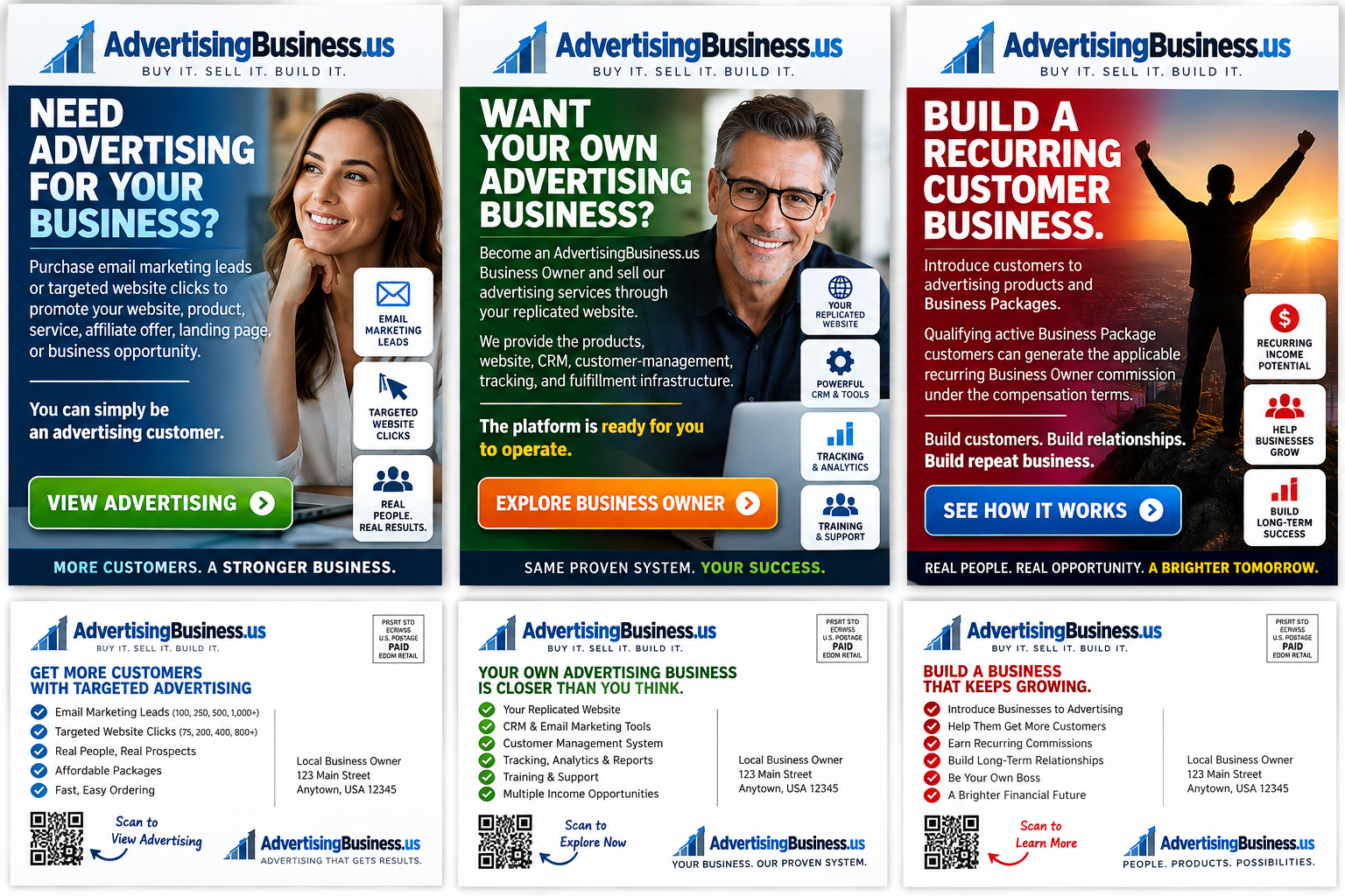 Set of AdvertisingBusiness.us postcards covering buying advertising, selling advertising and building a business