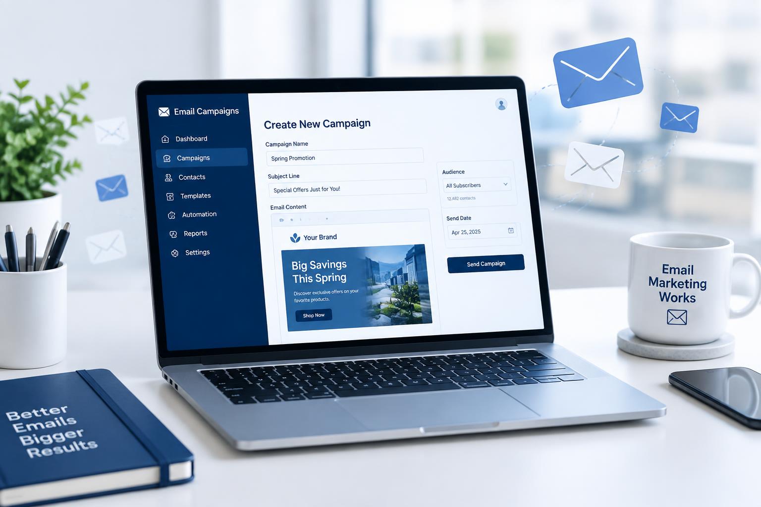 Email campaign being created on a laptop