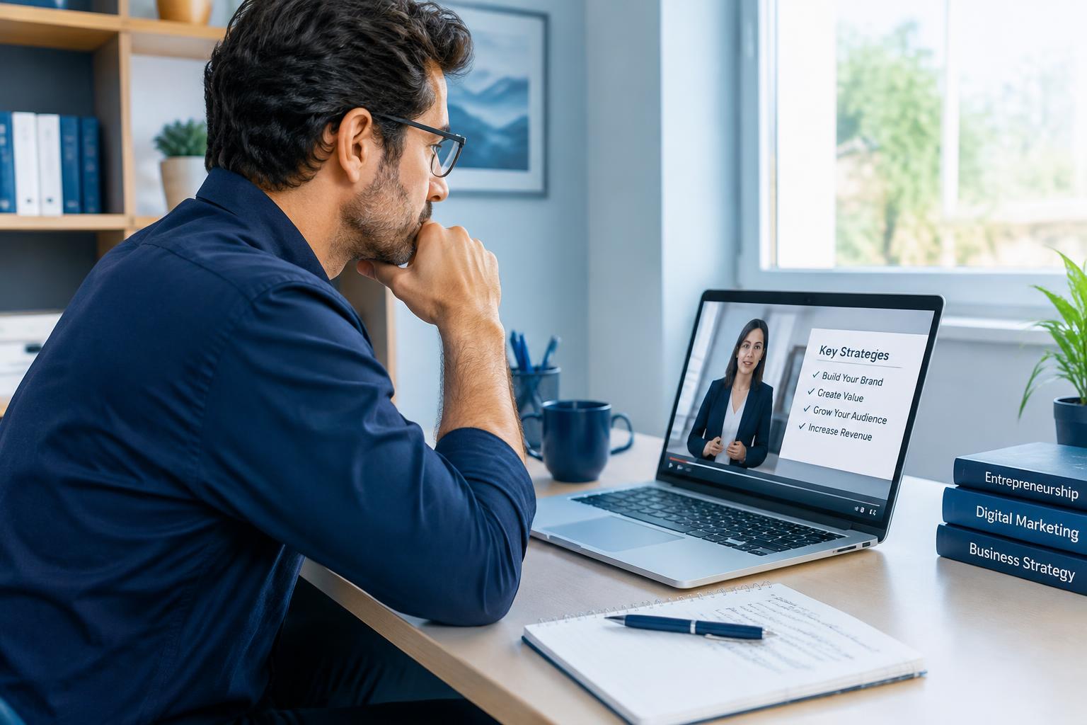 Business owner following an online training lesson at a home office desk