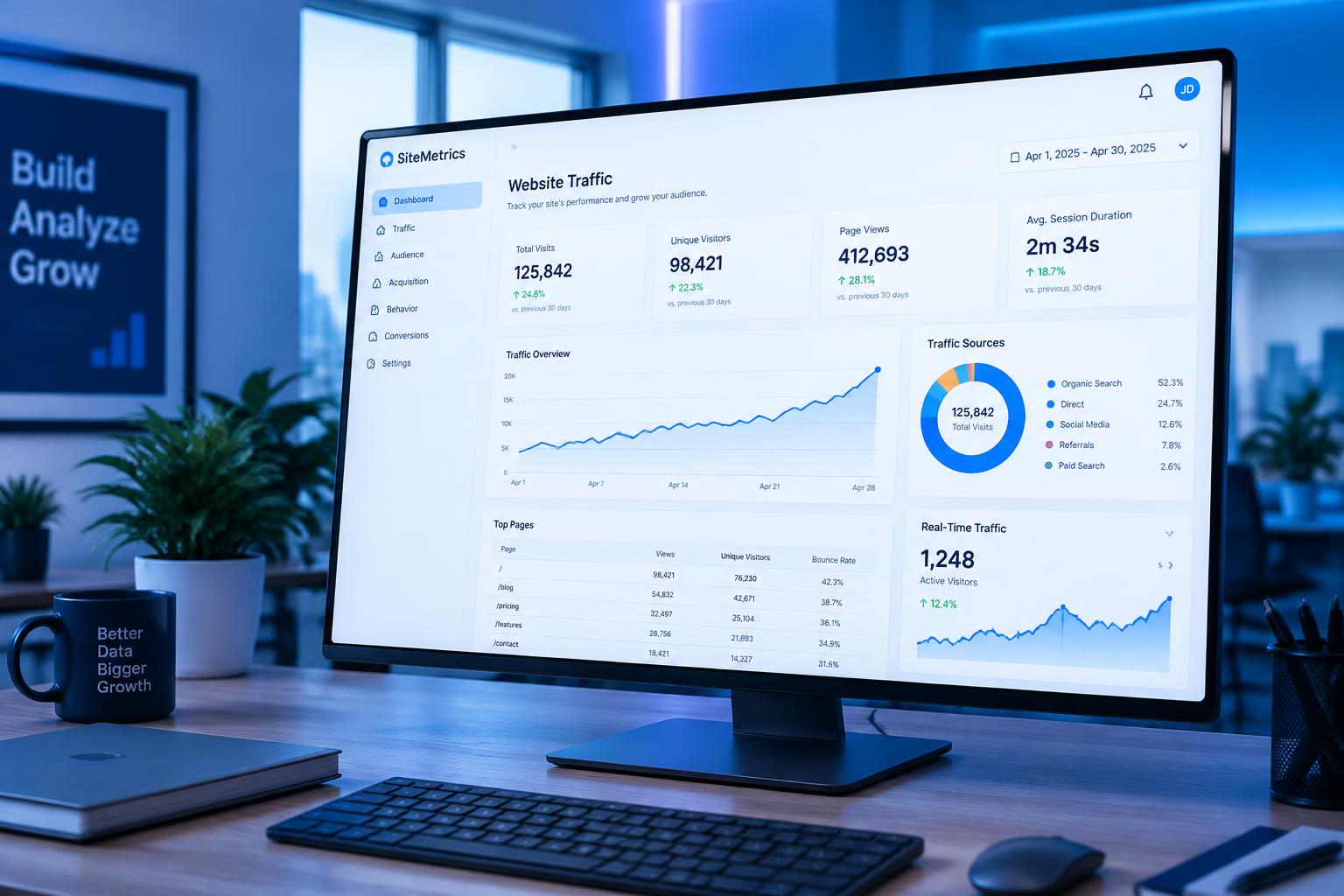 Website traffic analytics dashboard on a monitor