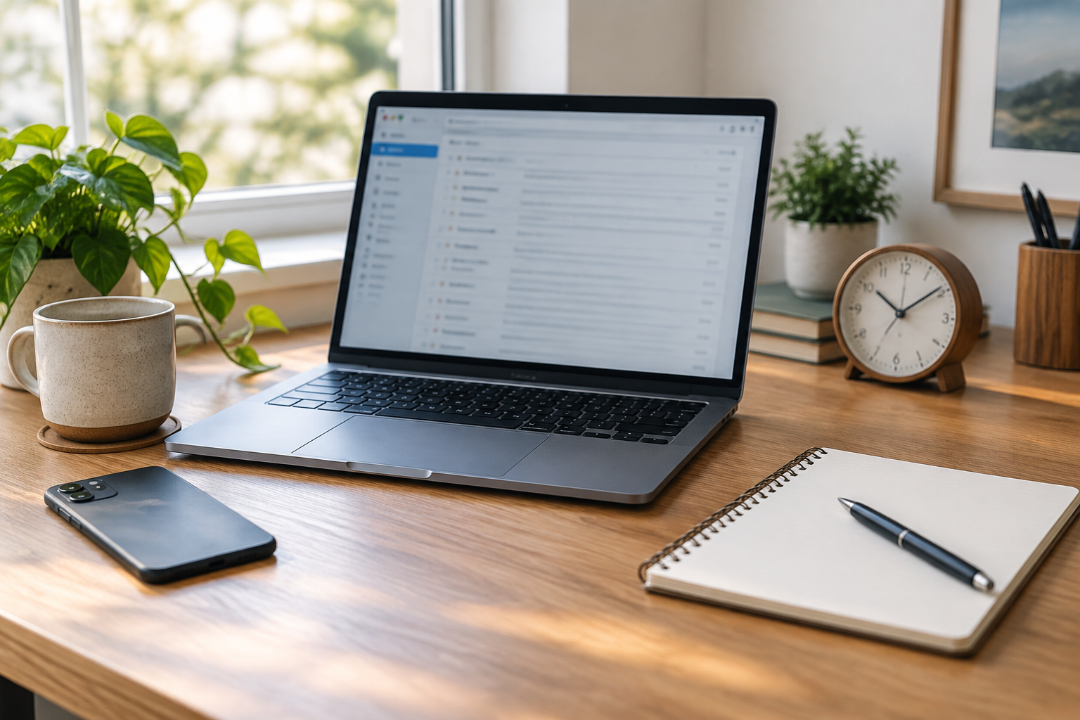 Laptop, smartphone, analog clock, and notebook arranged on a tidy business desk.