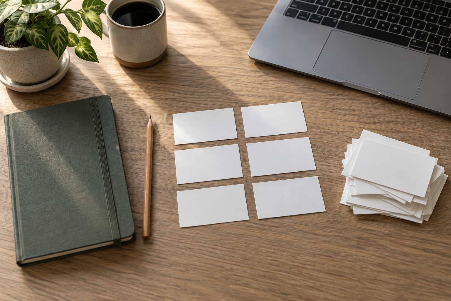 Blank contact cards sorted into groups beside a notebook and laptop on a desk.